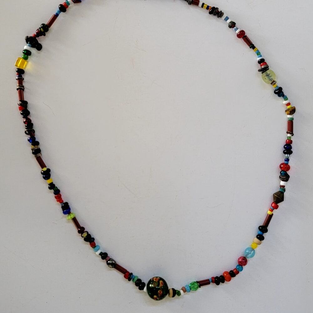 Boho Multicolor Beaded Necklace with Glass and Ceramic Beads Eclectic Jewelry